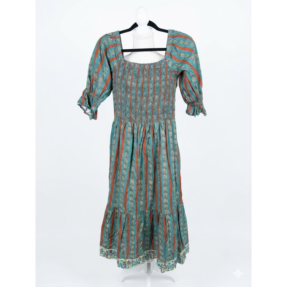 Victoria Dunn Teal Rust Block Print Smocked Midi Dress Puff Sleeve Cotton XS